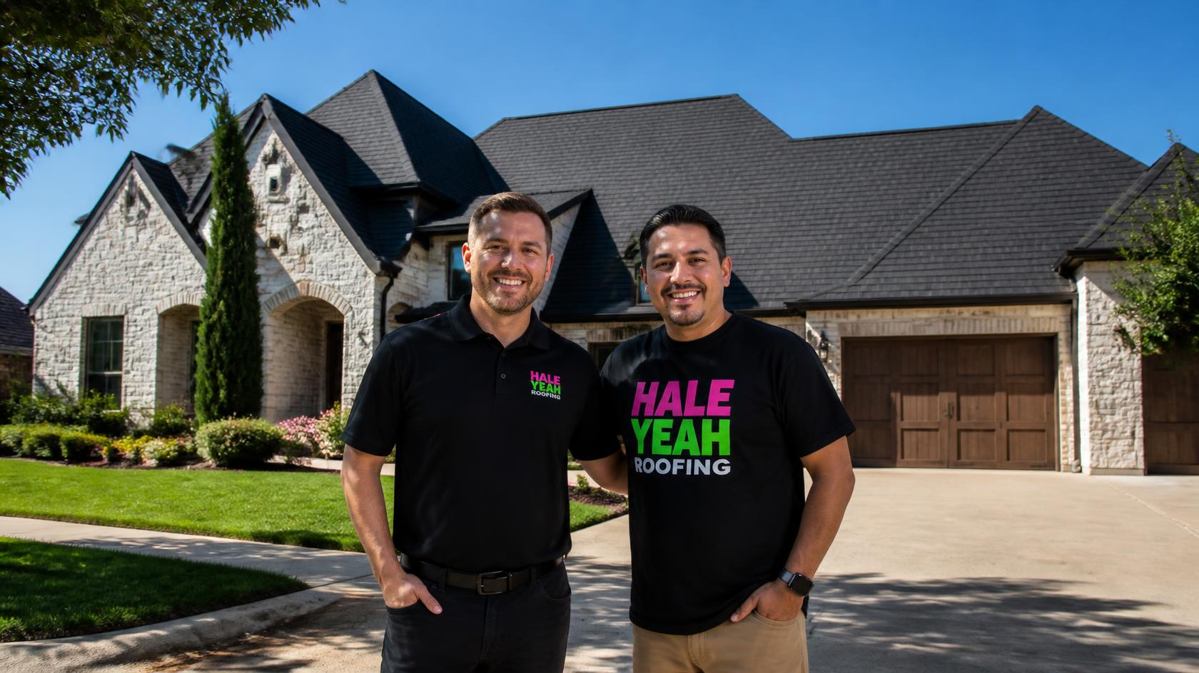 Laura Roark and Jamie Hale in Hale Yeah Roofing gear in front of a newly roofed Texas home