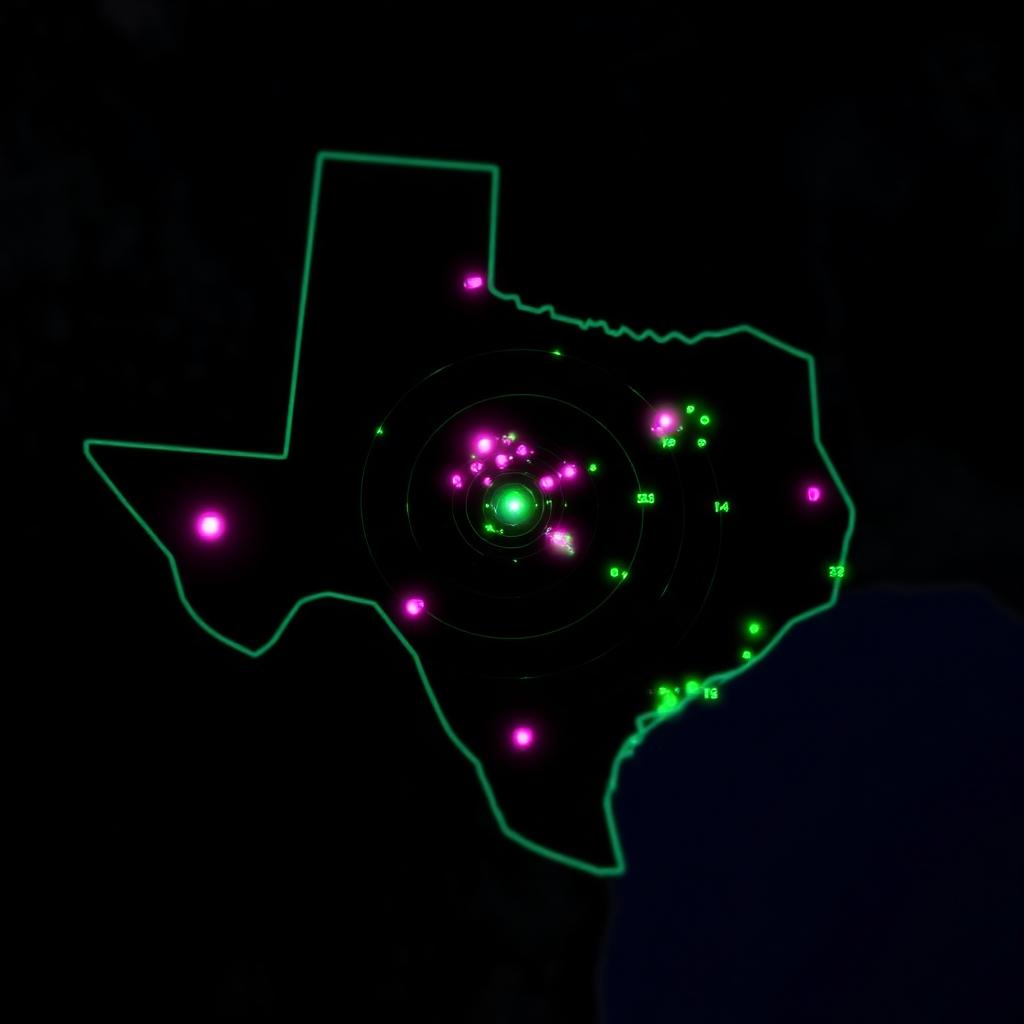 Stylized Texas storm radar showing hail activity